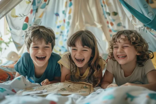 kids smiling and playing escape games - enfants qui jouent à la chasse au trésor et qui s'amusent